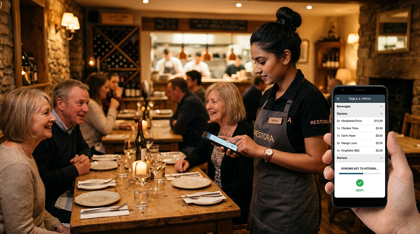 Waiter using the Restora app at a table