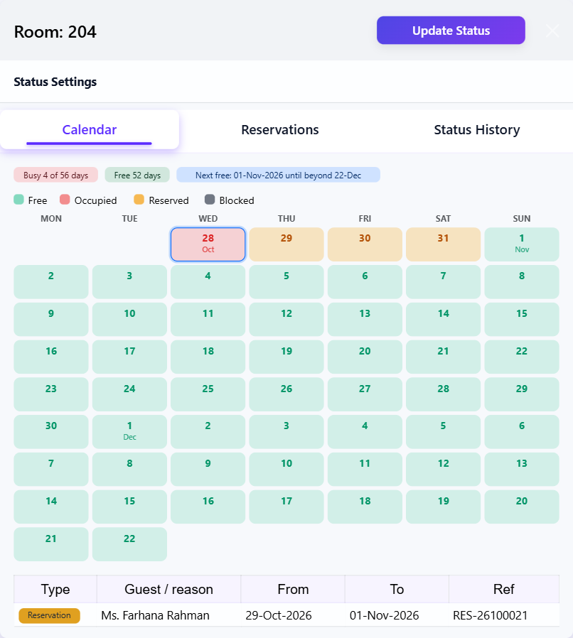 Room calendar with busy and free days